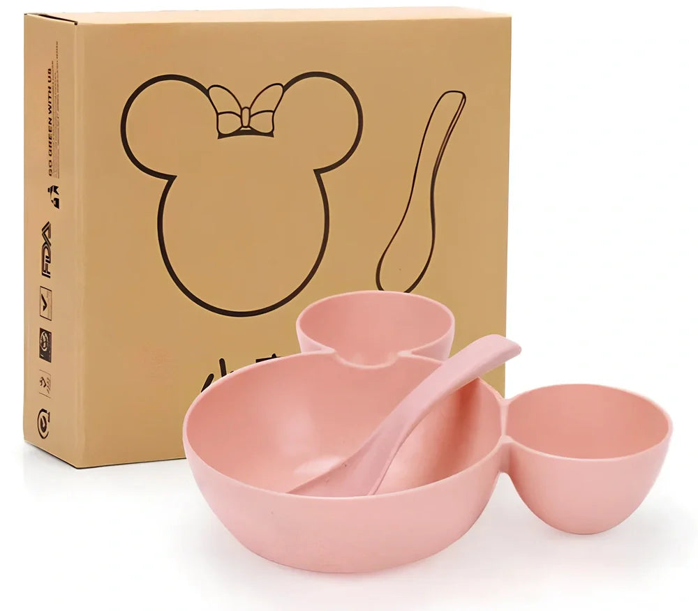 Mickey cartoon wheat straw children's bowl set with pink 21.5 cm bowl, spoon, fork, chopsticks - BPA-free biodegradable kids meal kit