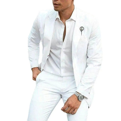 Men's white two-piece suit in slim fit for weddings, made from cotton blend fabric.