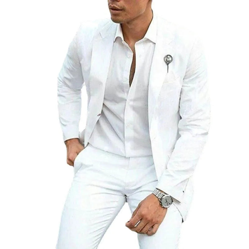 Men's two-piece suit in slim fit for weddings, crafted from cotton and acetate fibre blend, available in sizes XS to 5XL with a light business style for spring occasions.