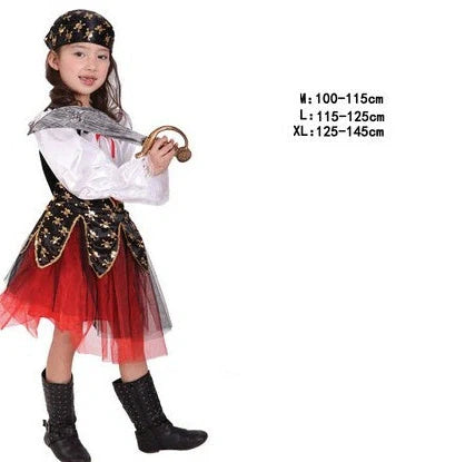 Halloween children's pirate costume with multiple character options and sizing guidance