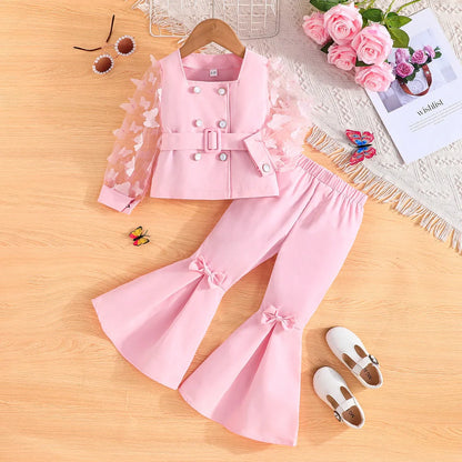 Girls' mesh sleeve top and bell-bottom pants suit in solid colour, sizes 2-8 years, with polyester fabric