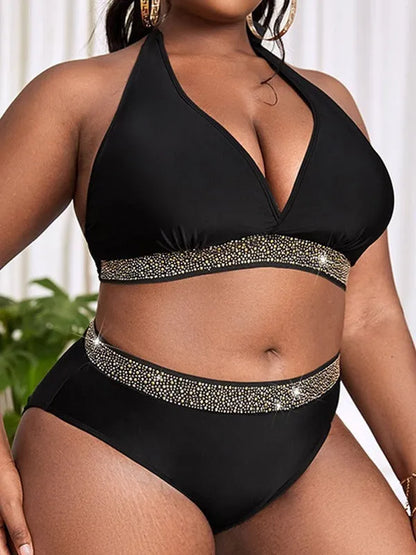 Black plus size women's bikini set on a mannequin, showing the bra and shorts.