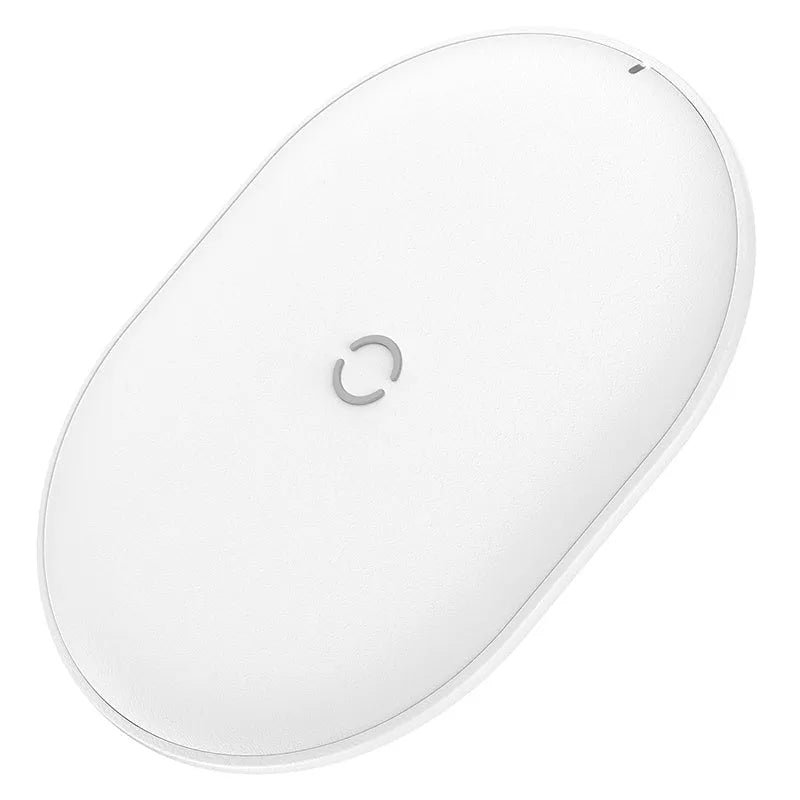 Baseus black 15W wireless charging pad with textured surface and Type-C cable on a wooden desk