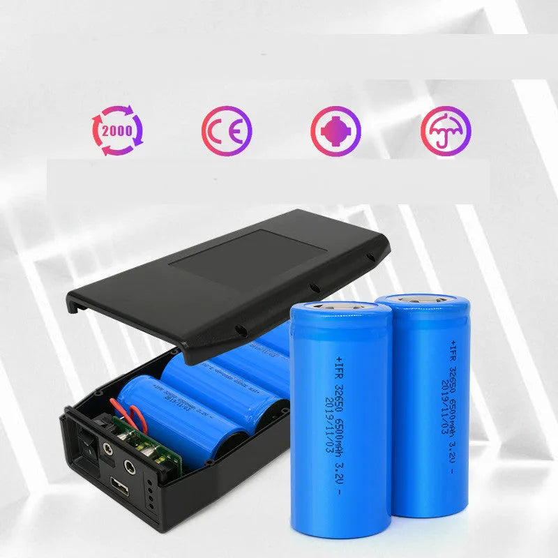 LF4100 compact black 12V lithium iron phosphate battery with output ports and included charger.