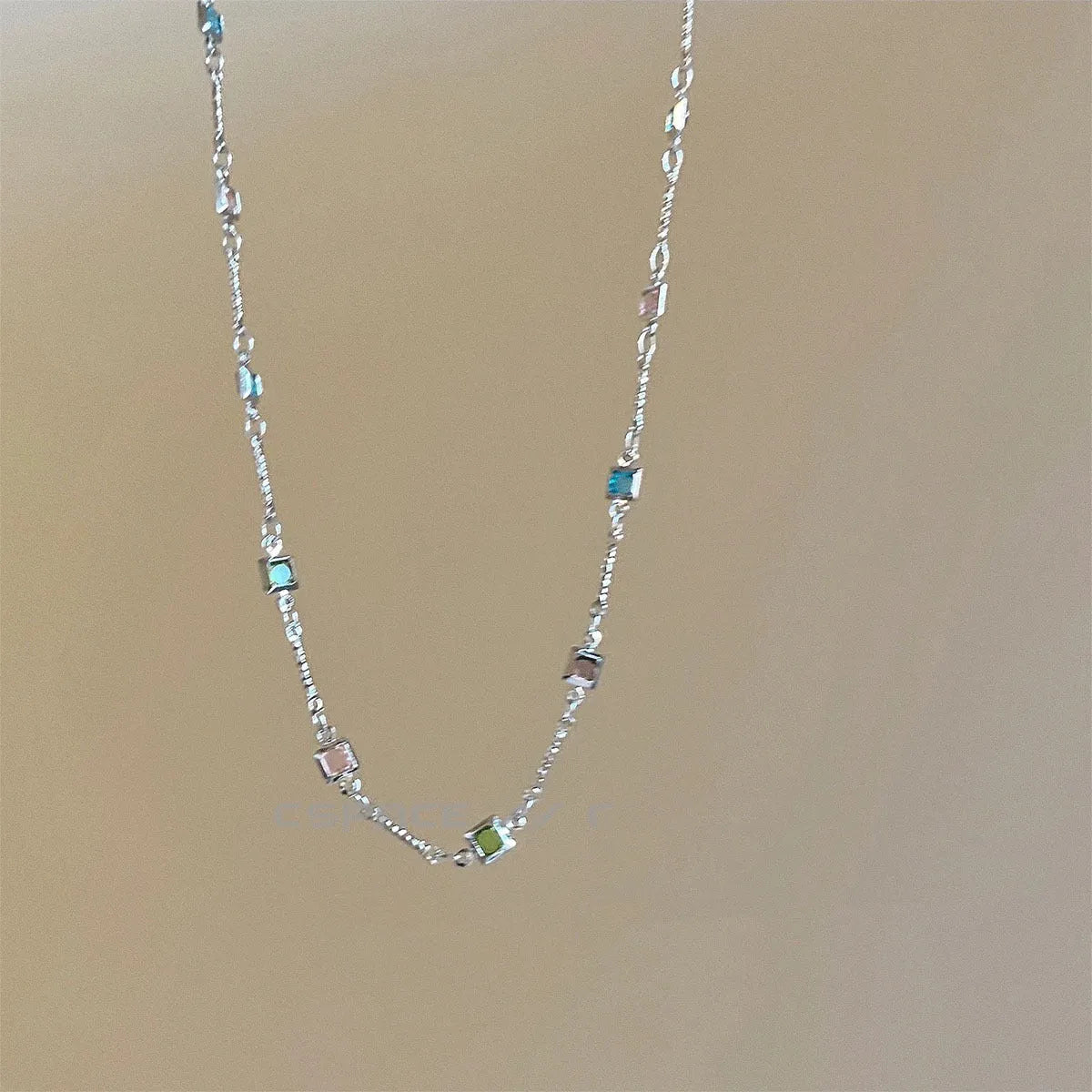 Square colour geometric clavicle chain necklace with artificial crystal pendant