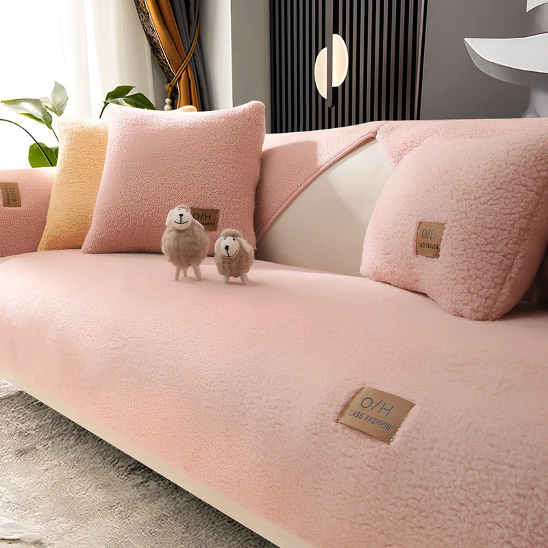 Winter lambswool sofa cushion with 45x45cm removable cover in six solid colours including beige and grey, providing durable plush fabric that maintains softness through multiple washes