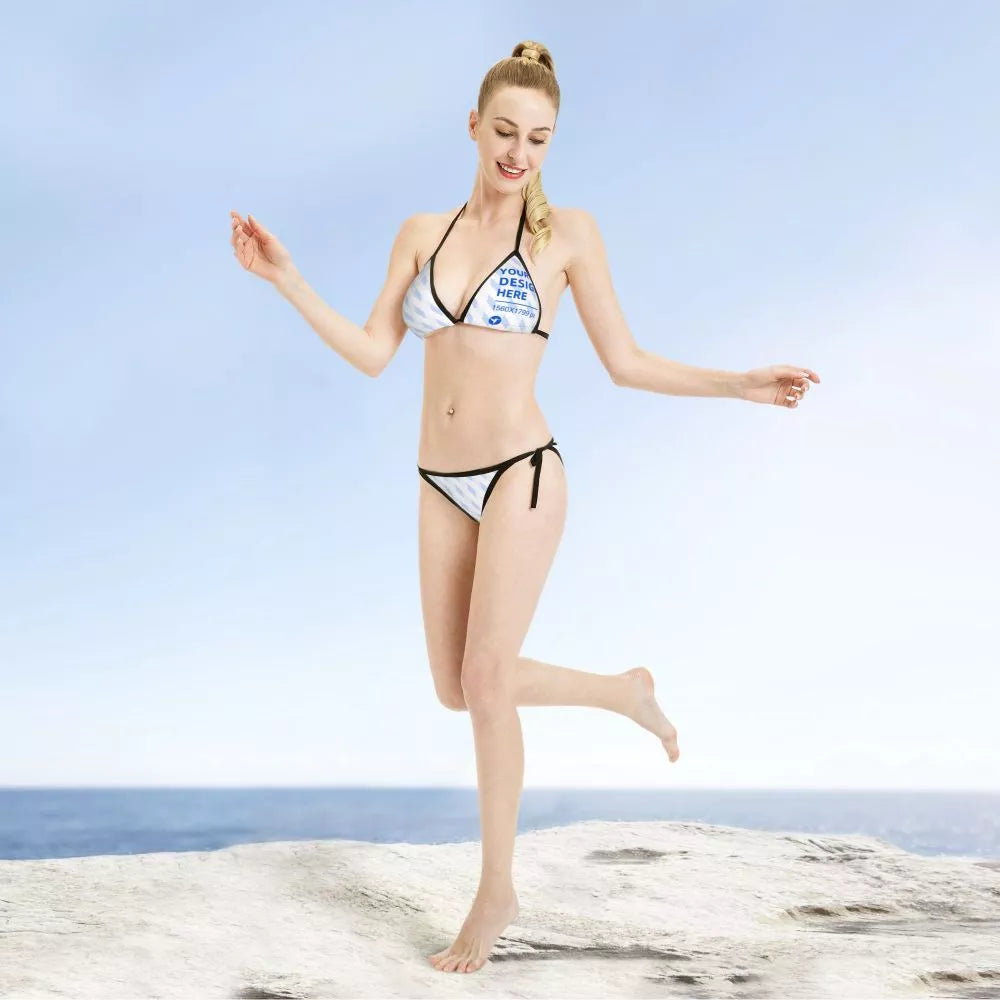 Women's black beach bikini with adjustable straps and full-width printing