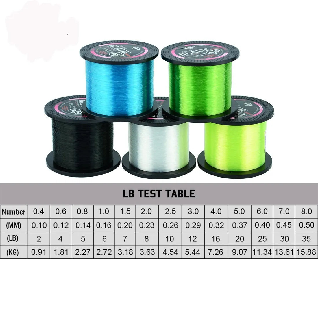 Seaknight1000 M nylon fishing line spool in available colours: black, blue, green, white, yellow.
