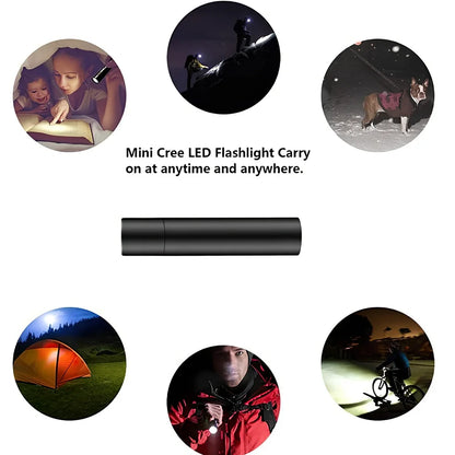 Black aluminium alloy USB rechargeable flashlight with 300m beam range measuring 8.5x2x2cm