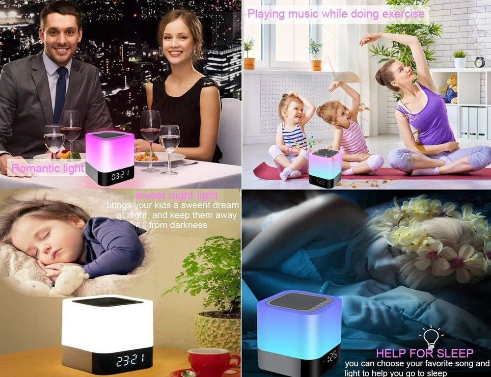 Square Bluetooth speaker alarm clock with touch screen and multi-colour LED lighting, measuring 100x100x112mm