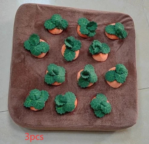 Plush carrot-shaped dog toy in various sizes, made of soft and durable cotton fabric for interactive play and chewing.