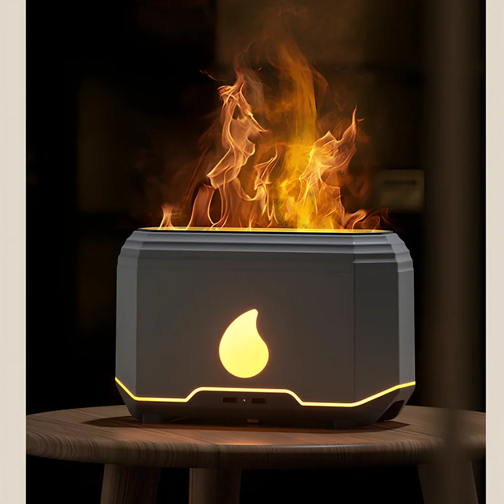 White intelligent flame aromatherapy humidifier with 200ml tank and USB power for mist and oil diffusion