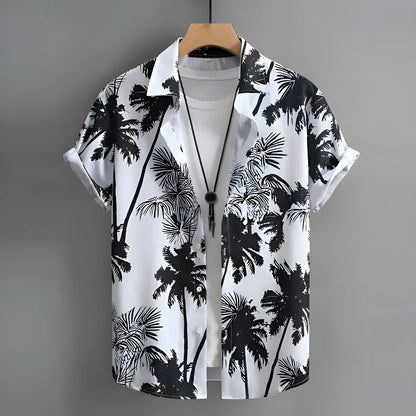 Men's short-sleeved Hawaiian shirt with 3D printed pattern, available in multiple colours and sizes including plus sizes.