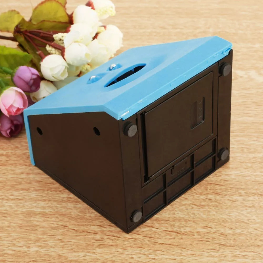 Face Intelligent Induction Electric Piggy Bank with realistic money-eating action in brick blue, pink, or red