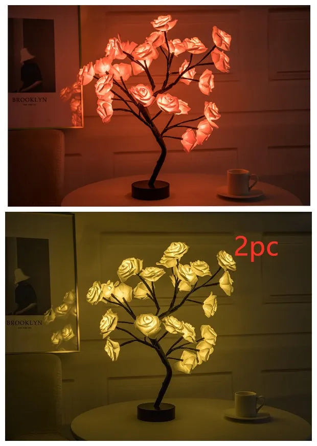 White and red rose flower LED lamp on a bonsai tree stand with warm white lights.