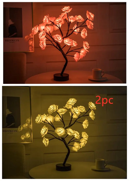 White and red rose flower LED lamp on a bonsai tree stand with warm white lights.