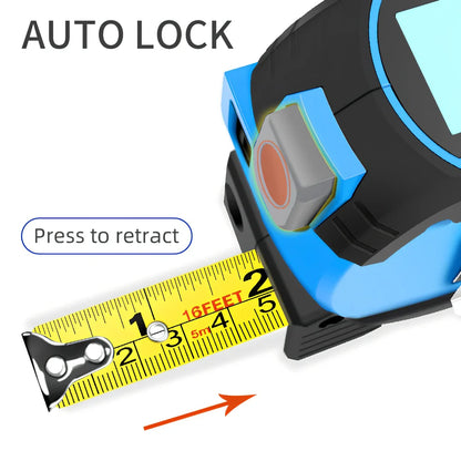 Blue 3-in-1 laser tape measure showing 5m tape extended and 60m infrared beam for construction ranging