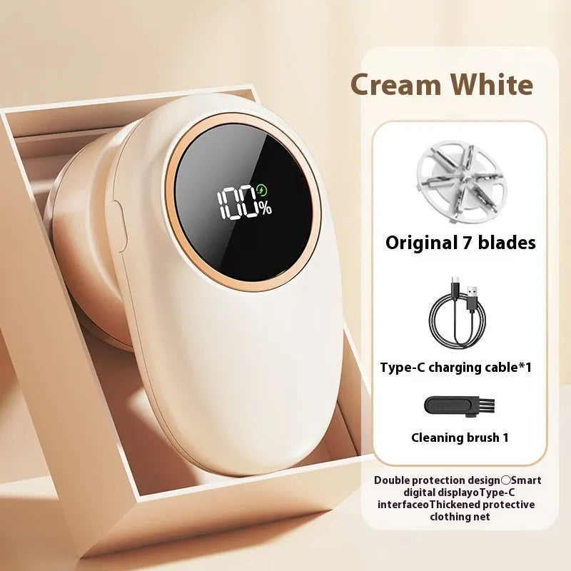 Fur ball trimmer with digital display in beige or purple colours with configurable cutter heads