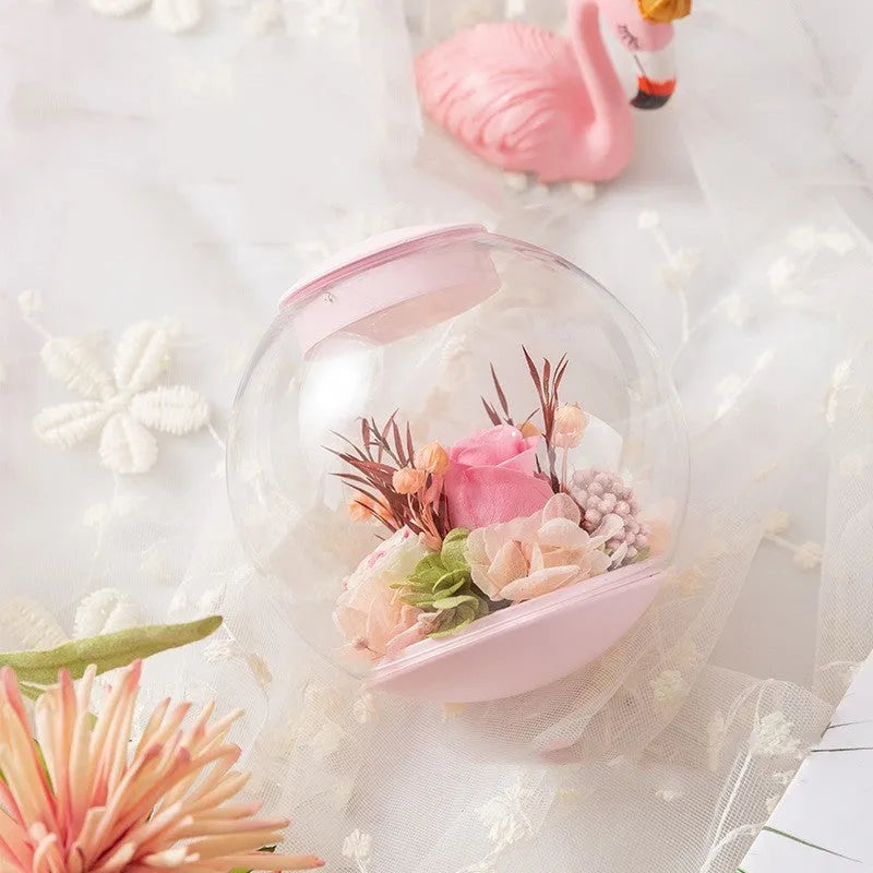 Pink preserved rose ornament with optional audio Bluetooth base for birthday and Valentine's Day gifts