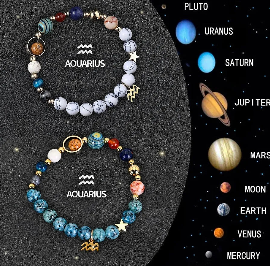 Twelve Zodiac Sign beaded bracelet set with natural stone beads and silver charms on adjustable chain