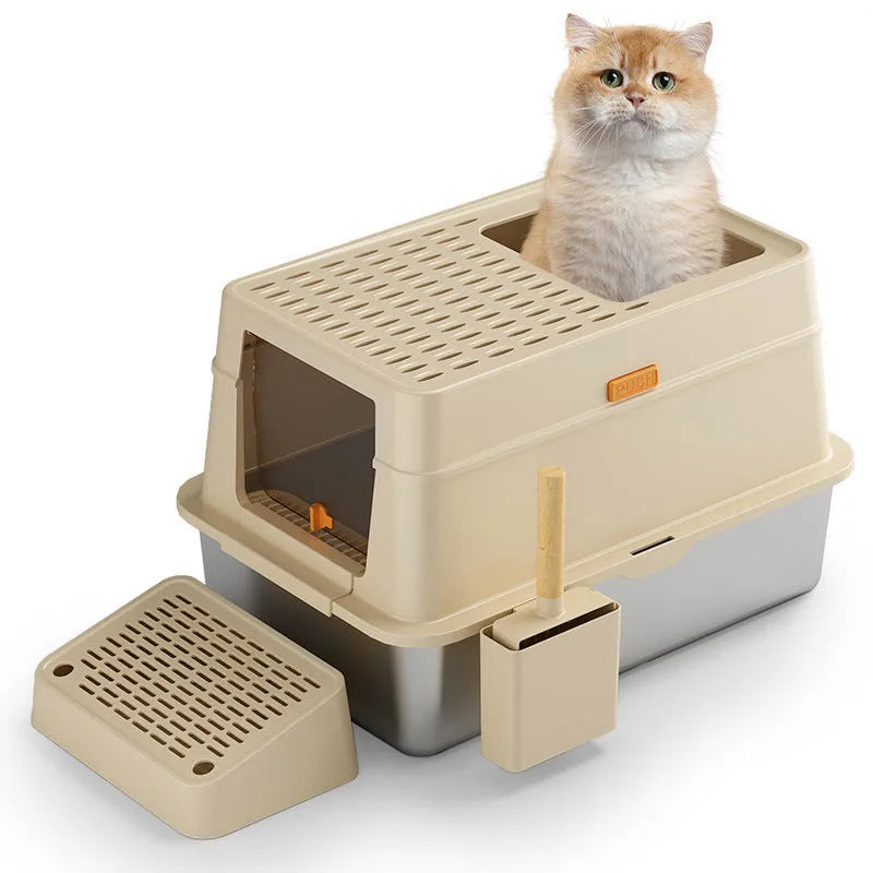 Grey ABS plastic enclosed cat litter box with a visible pedal entry flap.