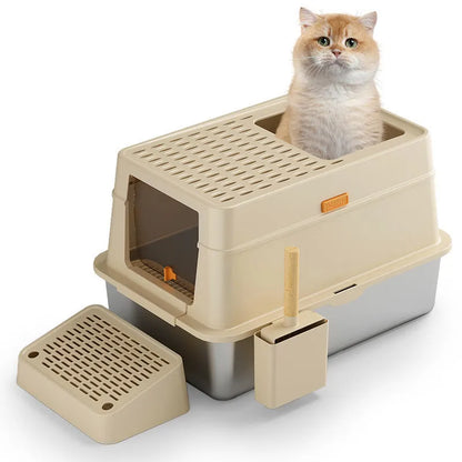Grey ABS plastic enclosed cat litter box with a visible pedal entry flap.
