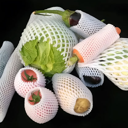 A white foam protective net sleeve stretched open, showing its simple tubular construction.