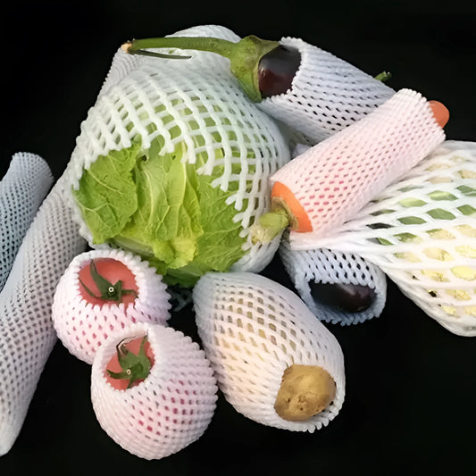 A white foam protective net sleeve stretched open, showing its simple tubular construction.