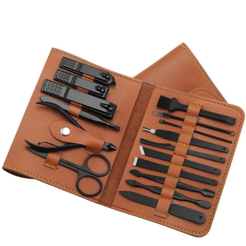 Premium 16-piece manicure set with sleek leather case, including nail clippers, scissors, tweezers, and other grooming tools