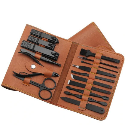 Premium 16-piece manicure set with sleek leather case, including nail clippers, scissors, tweezers, and other grooming tools