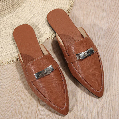 Light brown women's pointed-toe low heel slip-on slippers with a PU leather upper and rubber sole.