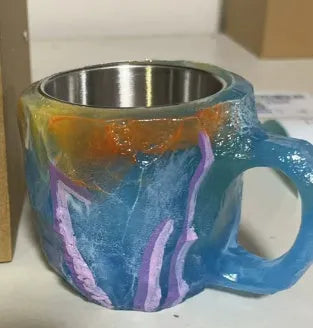 400ml resin mineral crystal coffee mug with handle in assorted colours including purple, blue, and pink.