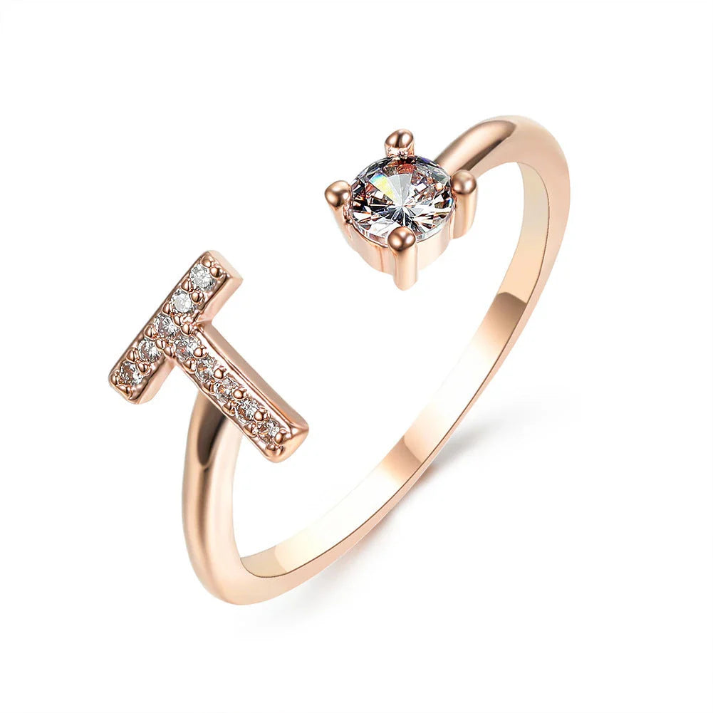 Personalized Initial Letter Adjustable Ring made of copper alloy and zircon, showcasing a vintage-inspired design