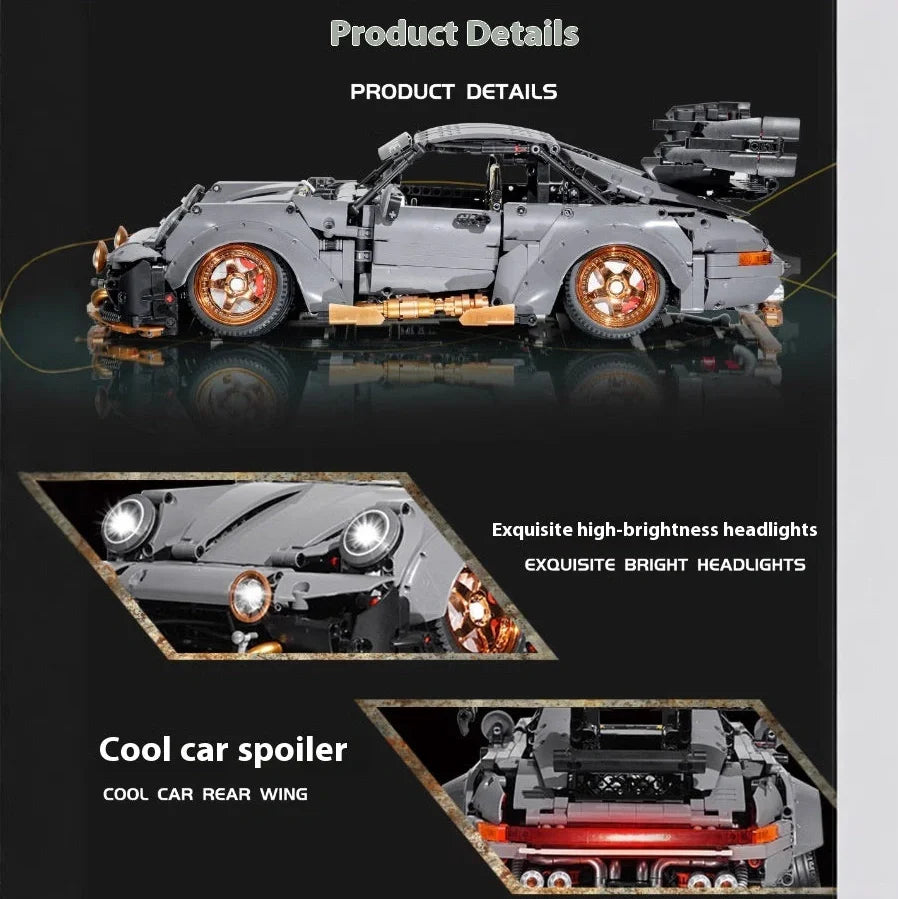 Cement grey Porsche sports car building block set with 10220 pieces showing detailed assembly components
