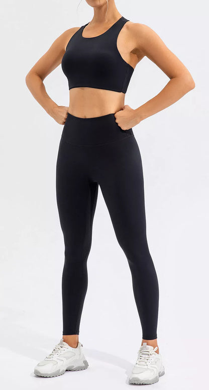 High waist running and yoga tight set in Lycra fabric, available in off-white, black, and dark brown