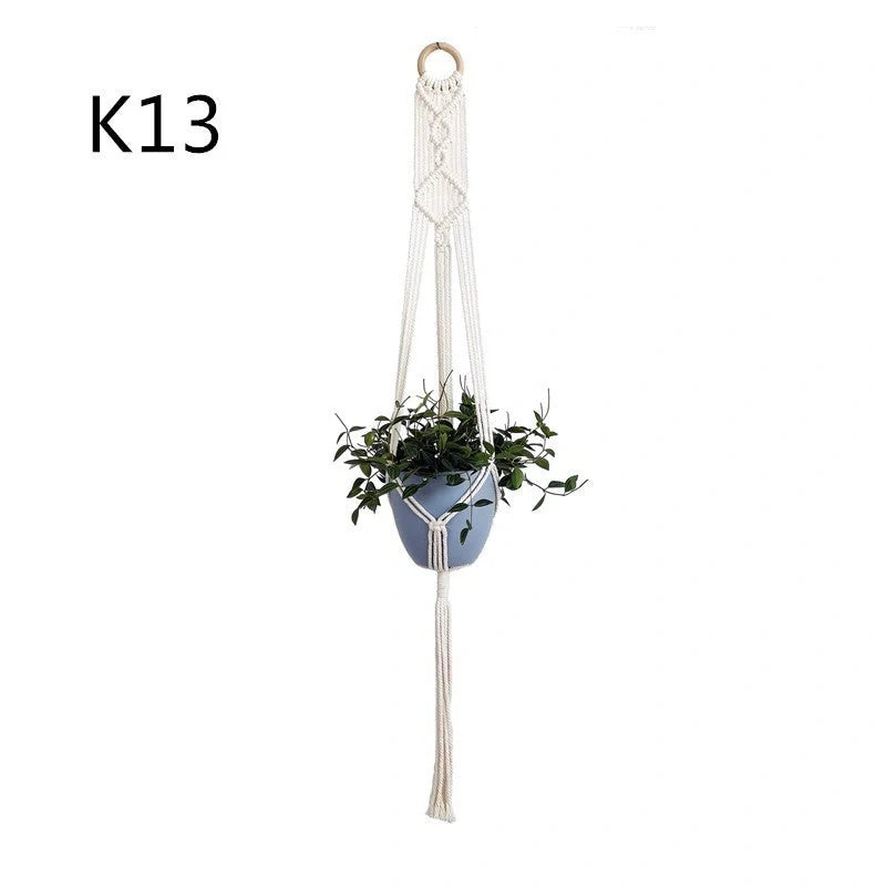 Beige cotton rope hanging basket with various styles for indoor plant display