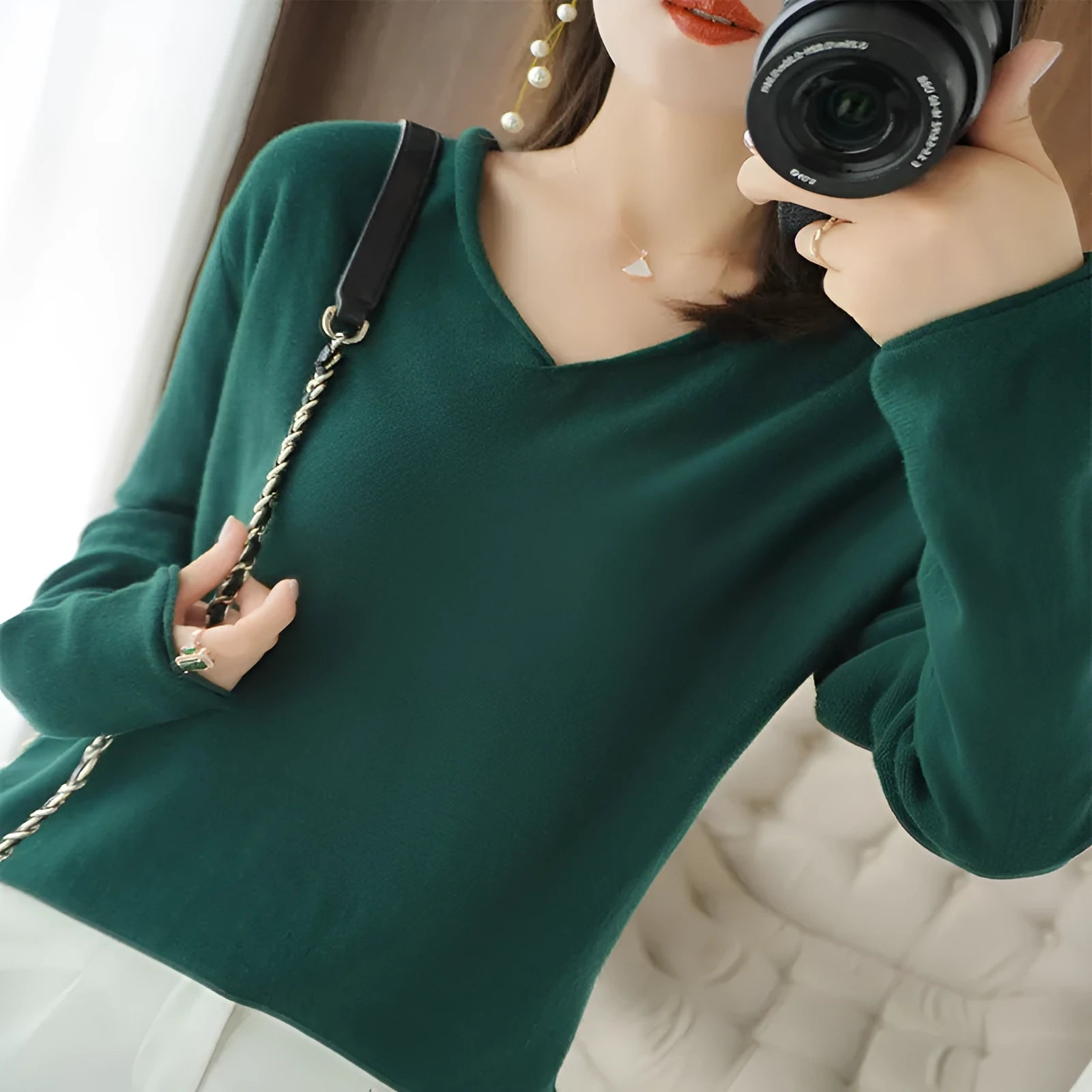 Women's V-neck long sleeve knitwear top in multiple colours with non-ironing fabric