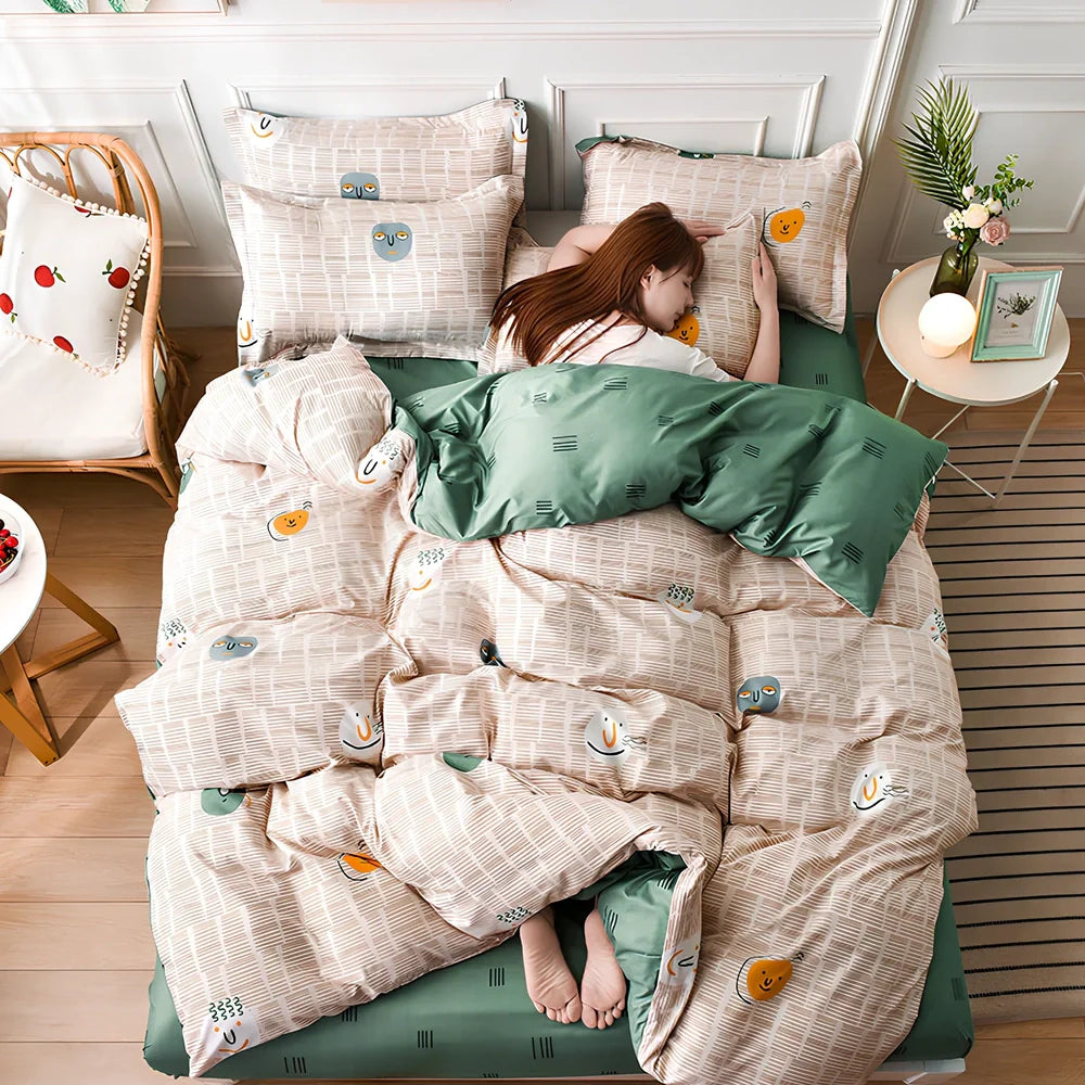 Aloe cotton bedding set with cartoon patterns, available in four colours for UK bed sizes 0.9m to 2.2m