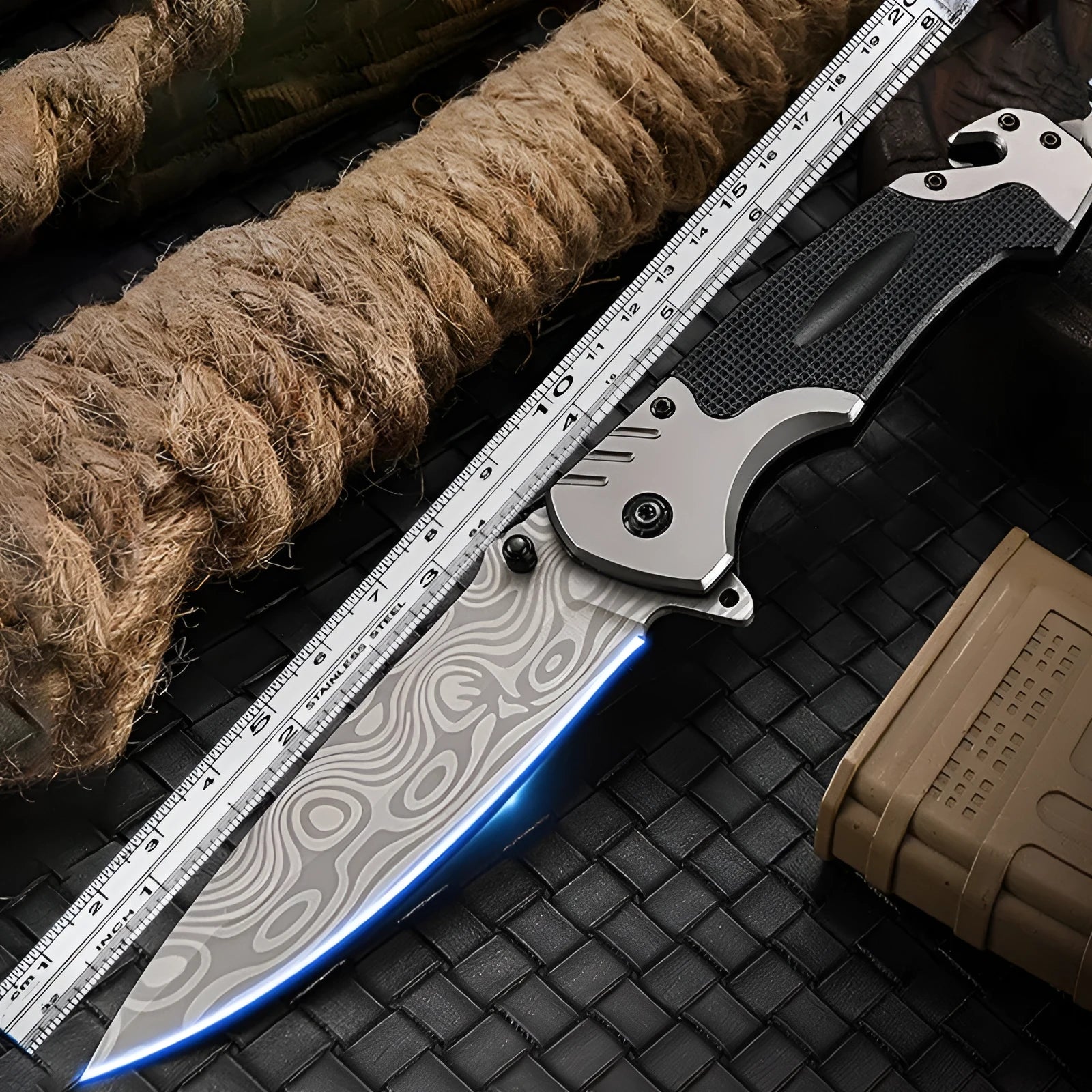 Alloy folding knife with a 115mm handle, shown in open position.