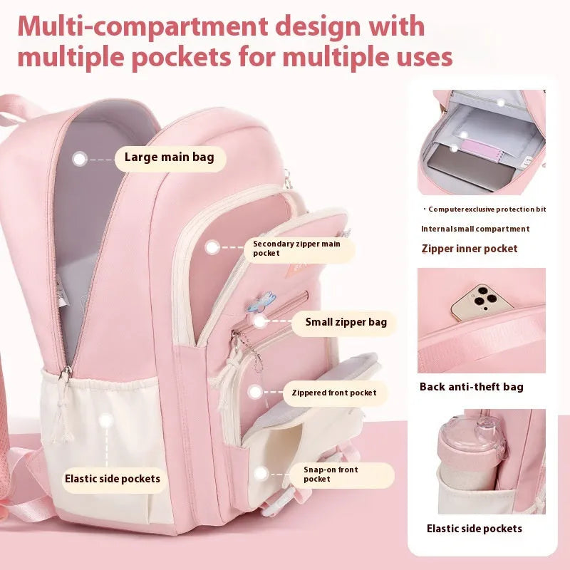 Pink waterproof Oxford cloth school backpack for girls with curved shoulder straps, shown with matching pencil case.