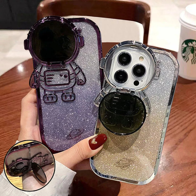 Glitter Astronaut Phone Case with Stand for iPhone in various colors