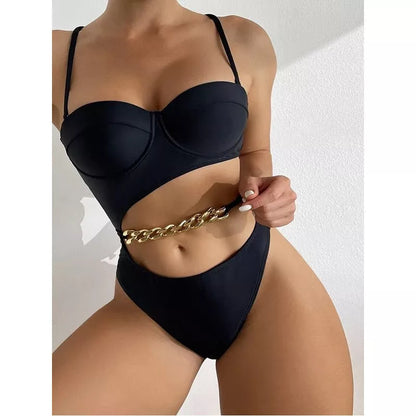 Ladies solid color one piece swimsuit with chest pad in pink and black