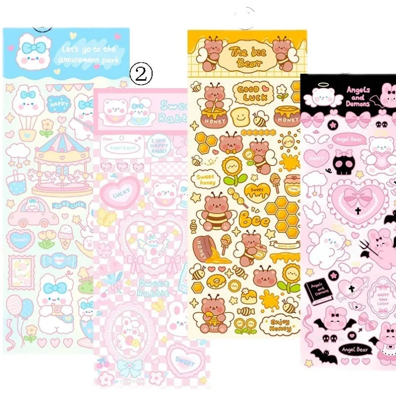 Assorted colourful cartoon PVC waterproof stickers on a sheet for notebook and planner decoration.