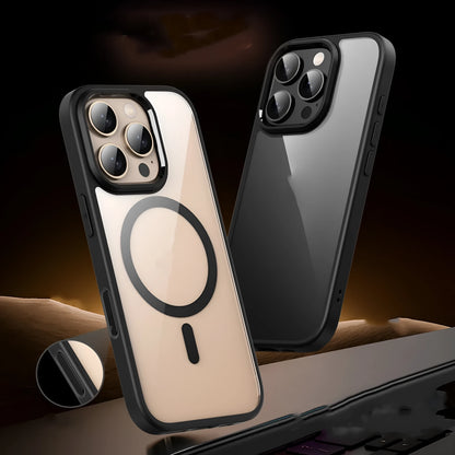 Transparent light colour magnetic phone case for iPhone 16 series showing airbag protection elements.