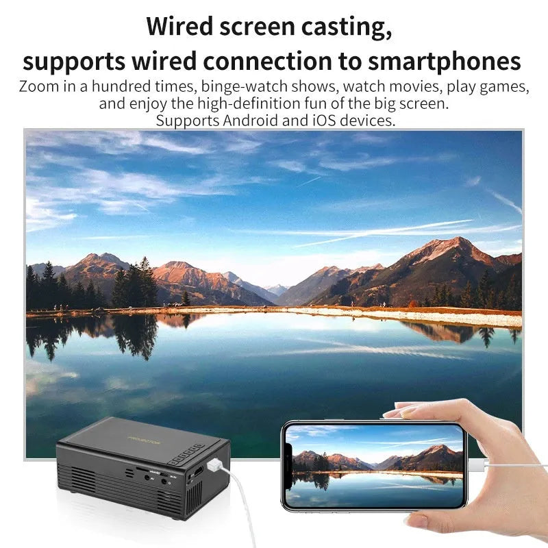 Black or white portable mini projector with mobile phone wired connection and international power adaptors