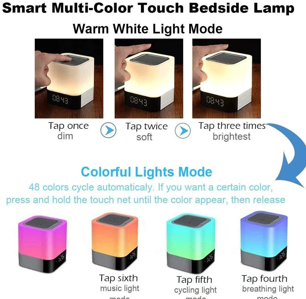 Square Bluetooth speaker alarm clock with touch screen and multi-colour LED lighting, measuring 100x100x112mm