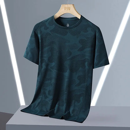 Men's loose fit camouflage nylon short sleeve summer top on a hanger