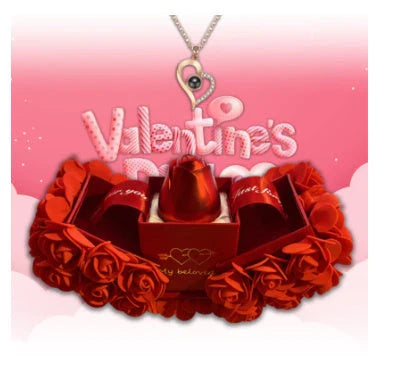 Handmade preserved roses in an elegant gift box with a crystal pendant necklace, representing eternal love and devotion
