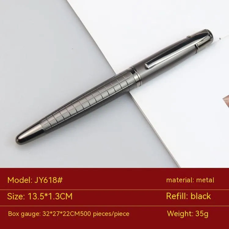 Gun grey metal rollerball pen with a metal barrel on a flat surface.