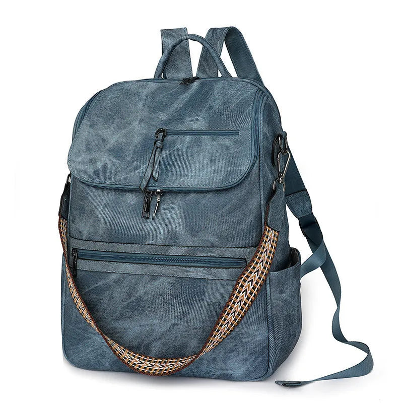 Retro college student backpack with curved shoulder straps in multiple colour options including black, blue, and yellow apricot